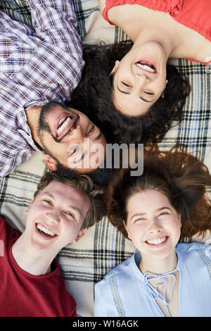 Vue de dessus portrait de groupe d'amis se trouvant dans le cercle à couverture de pique-nique et souriant joyeusement à huis clos, copy space Banque D'Images