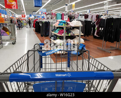 Montréal, Canada - 30 avril 2019 : Walmart marque vide panier en magasin Walmart. Walmart est une société de vente au détail qui exploite un cha Banque D'Images
