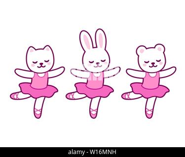 Cute cartoon animal ballet danse personnages. Petit chat, lapin et l'ours ballerines en tutu rose. Kawaii et simple hand drawn vector illustration. Illustration de Vecteur