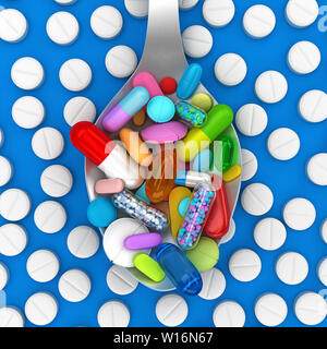 Dose de pilules colorées en rendu 3d - cuillère Banque D'Images