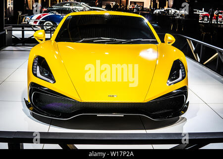 Bruxelles, Belgique, Jan 18, 2019 : jaune métallique Noble M500 supercar britannique à Bruxelles Salon de l'automobile, produit par Noble Automotive Ltd Banque D'Images