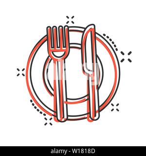 Fourchette, couteau et icône de la plaque dans le style comique. Vector cartoon illustration Restaurant blanc sur fond isolé. Le dîner d'effet splash. Illustration de Vecteur