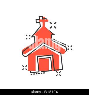 L'icône de l'église dans le style comique. Vector cartoon illustration chapelle blanche sur fond isolé. Concept commercial bâtiment religieux effet splash. Illustration de Vecteur