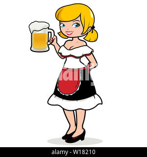 Fête de l'Oktoberfest. Une belle serveuse allemande de dessins animés servant un verre de bière fraîche. Banque D'Images