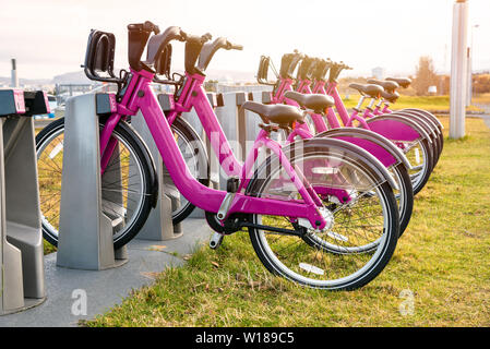 Station d'accueil pour des vélos à usage partagé dans un parc public dans un centre-ville le long d'une journée d'automne. Concept de l'écologie et mode de vie sain. Banque D'Images