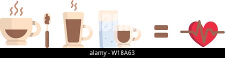 Ensemble de tasses à café caricature de boissons et cardiogramme avec un coeur. L'effet de l'cofenin sur la santé humaine. Tasse de café espresso, latte, café instantané glass Illustration de Vecteur