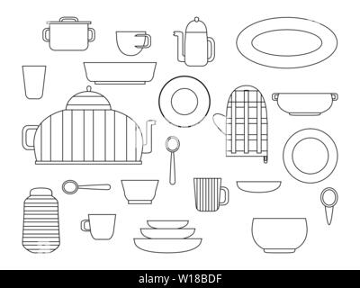 Collection d'ustensiles de cuisine et vaisselle ensemble d'ustensiles de cuisine pour la cuisine maison et des plats pour le thé ou le café télévision vector illustration, outli Illustration de Vecteur