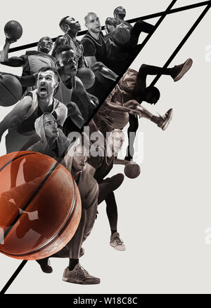 Collage créatif de différentes photos de 4 joueurs de basket-ball avec les boules en action de jeu. Les photos en noir et blanc. La publicité, le sport, mode de vie sain, motion, l'activité, concept de mouvement. Banque D'Images