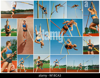 Femelle cavalier professionnel haute formation dans le stade en journée ensoleillée. Ajustement du modèle dans la pratique de sauts haute à l'extérieur. Concept du sport, mode de vie sain, d'action, le mouvement, la motion. Collage créatif. Banque D'Images