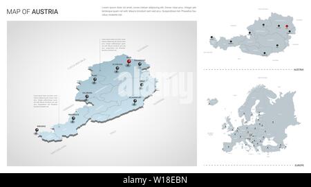 Vector set d'Autriche Pays. Carte en 3D isométrique, l'Autriche, de l'Europe carte carte - avec la région, l'Etat et les noms les noms de ville. Polices : Myriad Pro, Roboto Illustration de Vecteur