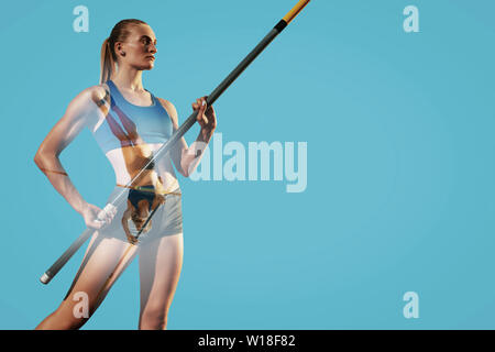 Femelle cavalier professionnel haute formation dans le stade en journée ensoleillée. Mettre en place modèle des femmes exerçant dans les sauts de haute à l'extérieur. Concept de l'activité, sport, mode de vie sain, d'action, le mouvement, la motion. Banque D'Images