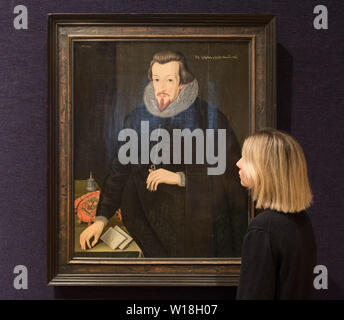 Bonhams, Londres, Royaume-Uni. 1er juillet 2019. Œuvres de Brueghel, le gendarme et de Ribera sur affichage dans la présentation des ventes Old Masters, pour être vendu le 3 juillet 2019. Image : attribuée à John de Critz (1551-1642), Portrait de Robert Cecil, comte de Salisbury. Estimation £6,000-8,000. Credit : Malcolm Park/Alamy Live News. Banque D'Images