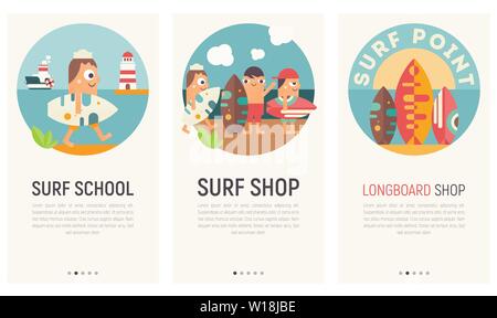 Page de l'application mobile à bord d'écran définie. Modèle pour écrans Surf Shop, École de surf, longboard Boutique en ligne. Vector Illustration. Kit d'interface utilisateur dans Illustration de Vecteur