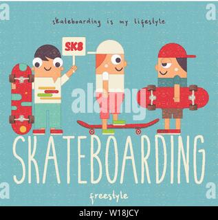 Skate Affiche - groupe de jeunes patineurs cartoon sur grandes lettres skateboard. Patinage au parc. Roulettes avec roulettes. Vector Illustration. Retr Illustration de Vecteur