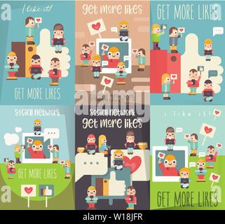 Affiches de médias sociaux. J'aime ce concept. Petit Cartoon Funny People à l'aide de gadgets mobiles - ordinateurs portables et smartphones. Les réseaux sociaux et les blogs Illustration de Vecteur