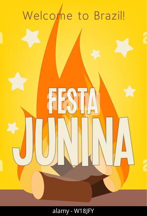 Festa Junina - Brésil juin Festival. Pour l'affiche de Folklore. Le feu, de joie sur fond jaune. Vector Illustration. Illustration de Vecteur