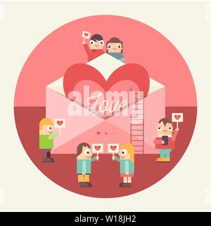 Concept de rencontres en ligne. Cute Cartoon les gens avec le coeur. Idée d'Internet ou relation à distance, Mariage, Amour. Grand Coeur en enveloppe. Illustra vecteur Illustration de Vecteur