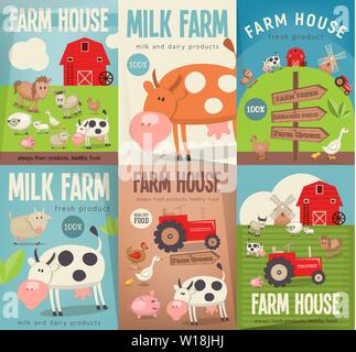 Maison de ferme Set Affiches. Farmers Market. L'alimentation saine, les produits biologiques et l'agriculture. Style rétro. Vector Illustration. Les animaux de ferme, de l'élevage. Illustration de Vecteur