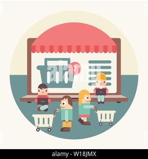 Magasinage en ligne de l'affiche. E-commerce Concept. Funny Cartoon personnes faire des achats à l'aide d'ordinateurs portables près de Big Moniteur avec vitrine. Vector Illustration Illustration de Vecteur