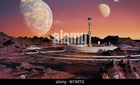 La station de recherche sur la surface d'une planète étrangère, belle colonie sur l'exoplanète (espace 3d illustration) Banque D'Images