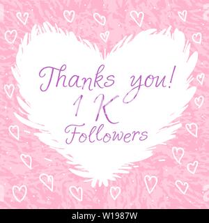 Blogger - vous remercie, célébration 1 000 partisans. Texte sur joli coeur blanc, texture rose Girly Design Illustration de Vecteur