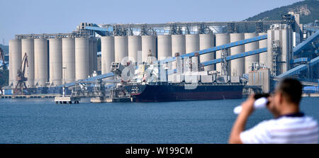 (190701) -- DALIAN, Juillet 1, 2019 (Xinhua) -- Photo prise le 24 juin 2019 montre l'Beiliang Dock à Dalian, Liaoning Province du nord-est de la Chine. Le Forum de Davos d'été 2019 se tient du 3 juillet dans le nord-est de la Chine, ville côtière de Dalian. Établi par le Forum économique mondial en 2007, le forum a lieu chaque année en Chine, en alternant entre les deux villes portuaires de Dalian et de Tianjin. Davos d'été ont contribué à remodeler le paysage de Dalian économie régionale et renforcer le port de commerce avec les autres marchés. Shanghai est devenue une ville internationale et une vitrine de la Chine de réforme et d'ouverture. Banque D'Images