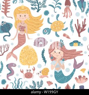 Modèle sans couture avec mignon, algues et poissons sirènes Illustration de Vecteur