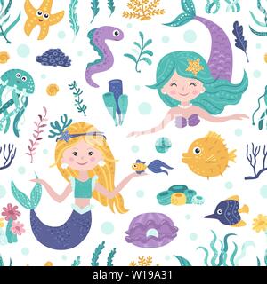 Modèle sans couture avec mignon, algues et poissons sirènes Illustration de Vecteur