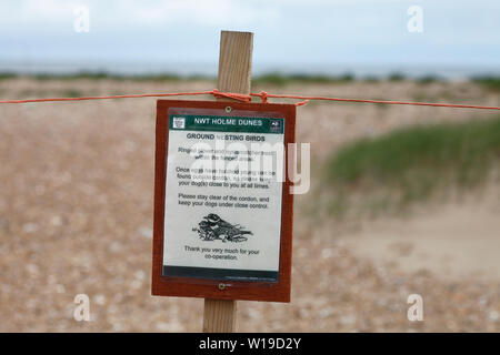 Avertissement signe de nidification des oiseaux à Holme dunes sur la côte de Norfolk. Banque D'Images