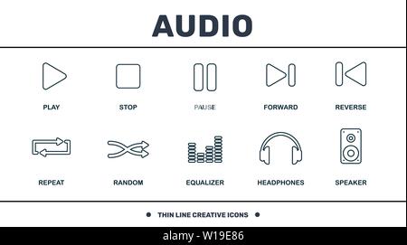 Les icônes des boutons audio définissent la collection. Inclut des éléments créatifs tels que les icônes lecture, Arrêt, Pause, Marche arrière, avance, aléatoire et égaliseur premium Illustration de Vecteur