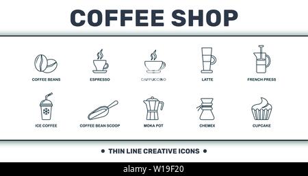 Coffe Shop set icons collection. Comprend des éléments simples tels que des grains de café, expresso, Cappuccino, Latte, Presse Française, Grain de Café Moka et Scoop Illustration de Vecteur