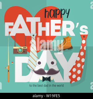 Heureux le jour de père. Modèle de carte de vœux. Arrière-plan de vacances avec des symboles Super Papa - cravate, chapeau, bottes, moustache et appareil photo sur lettres Big White Banque D'Images