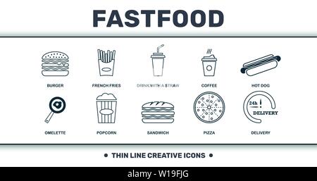 Collection de jeux de lignes fines de fastfood icons. Inclut des éléments créatifs tels que Burger, frites, boisson avec PAILLE, café, hot dog, pizza et Illustration de Vecteur