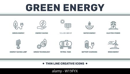 Collection de jeux de lignes minces icônes de puissance et d'énergie. Inclut des éléments créatifs tels que l'énergie, l'économie d'énergie, l'énergie solaire, l'énergie de l'eau, le vert Illustration de Vecteur