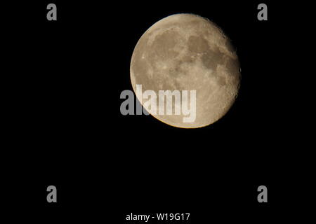 Grande Fraise Juin jaune Lune gibbeuse décroissante, en phase dans le ciel nocturne. Exeter, Devon, UK. Banque D'Images