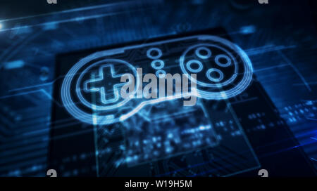 Hologramme Gamepad sur cpu travail en arrière-plan. Futuristic circuit board 3d illustration. Concept de créer et de codage, de jeux en ligne et jeux vidéo Banque D'Images