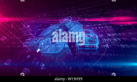 Gestion des données dynamiques hologramme sur fond futuriste. Concept moderne et futuriste de stockage des fichiers, la cybersécurité, l'ordinateur à l'aide de digital et p Banque D'Images