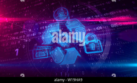 Gestion des données dynamiques hologramme sur fond futuriste. Concept moderne et futuriste de stockage des fichiers, la cybersécurité, l'ordinateur à l'aide de digital et p Banque D'Images