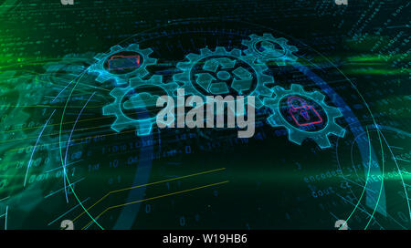 Gestion des données dynamiques hologramme sur fond futuriste. Concept moderne et futuriste de stockage des fichiers, la cybersécurité, l'ordinateur à l'aide de digital et p Banque D'Images
