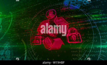 Gestion des données dynamiques hologramme sur fond futuriste. Concept moderne et futuriste de stockage des fichiers, la cybersécurité, l'ordinateur à l'aide de digital et p Banque D'Images