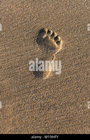 Une seule empreinte dans le sable sur la plage de Fistral à Newquay en Cornouailles. Banque D'Images