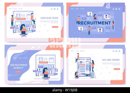 Agence de recrutement, de concept avec des personnages sur les médias sociaux, les documents, l'embauche de l'employé, bandeaux web, infographie, landing page des illustrations. Illustration de Vecteur