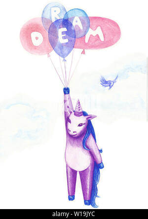 Flying Unicorn sur ballons. Le mot "rêve" est fait de boules. Girovent à proximité de regarder. Illustration à l'aide de crayons aquarelle isolé sur un Banque D'Images