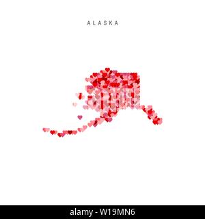 J'aime l'Alaska. Motif coeurs rouges et roses carte vectorielle de l'Alaska isolé sur fond blanc. Illustration de Vecteur