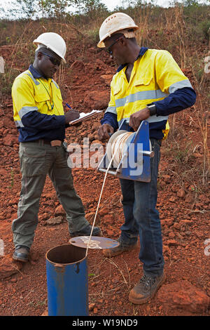 L'exploitation minière pour le transport et la gestion de minerai de fer. Les géologues hydro contrôle de niveau d'eau permanent mine - mesurer la profondeur dans chaque trou de la semaine. Banque D'Images