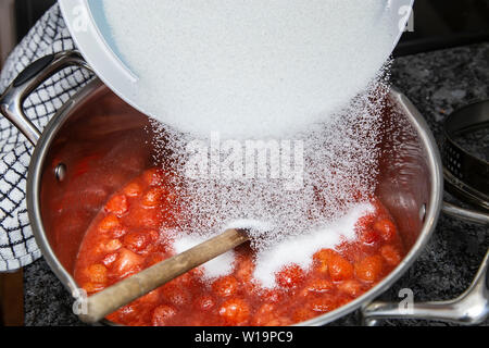 L'ajout de sucre aux fraises comme la confiture de fraise est faite sur une plaque à induction dans une casserole en acier inoxydable. Banque D'Images