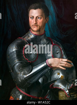 Cosimo I de' Medici (1519-1574), Grand-duc de Toscane. Portrait, intitulé Cosimo I de Médicis en armure, par Agnolo Bronzino (1503-1572), huile sur panneau, années 1540. Cosimo I est mieux connu aujourd'hui pour la création de la galerie des Offices à Florence. Banque D'Images