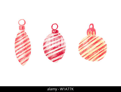 Set de 3 jouets d'arbre de Noël. Boules de Noël et de glaçons de couleurs pastel avec des rayures diagonales avec fixations. Banque D'Images