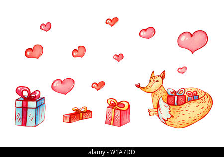 Fête cadeaux aquarelle fox hugs queue. Nouvel An et de noël personnage avec boîtes rouge et bleu attaché avec du ruban et des coeurs de rouge. Pour définir Banque D'Images