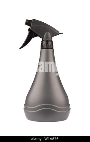 Vue avant du gros plan bouteille en plastique vide noir récipient avec pompe airless distributeur isolé sur fond blanc Banque D'Images